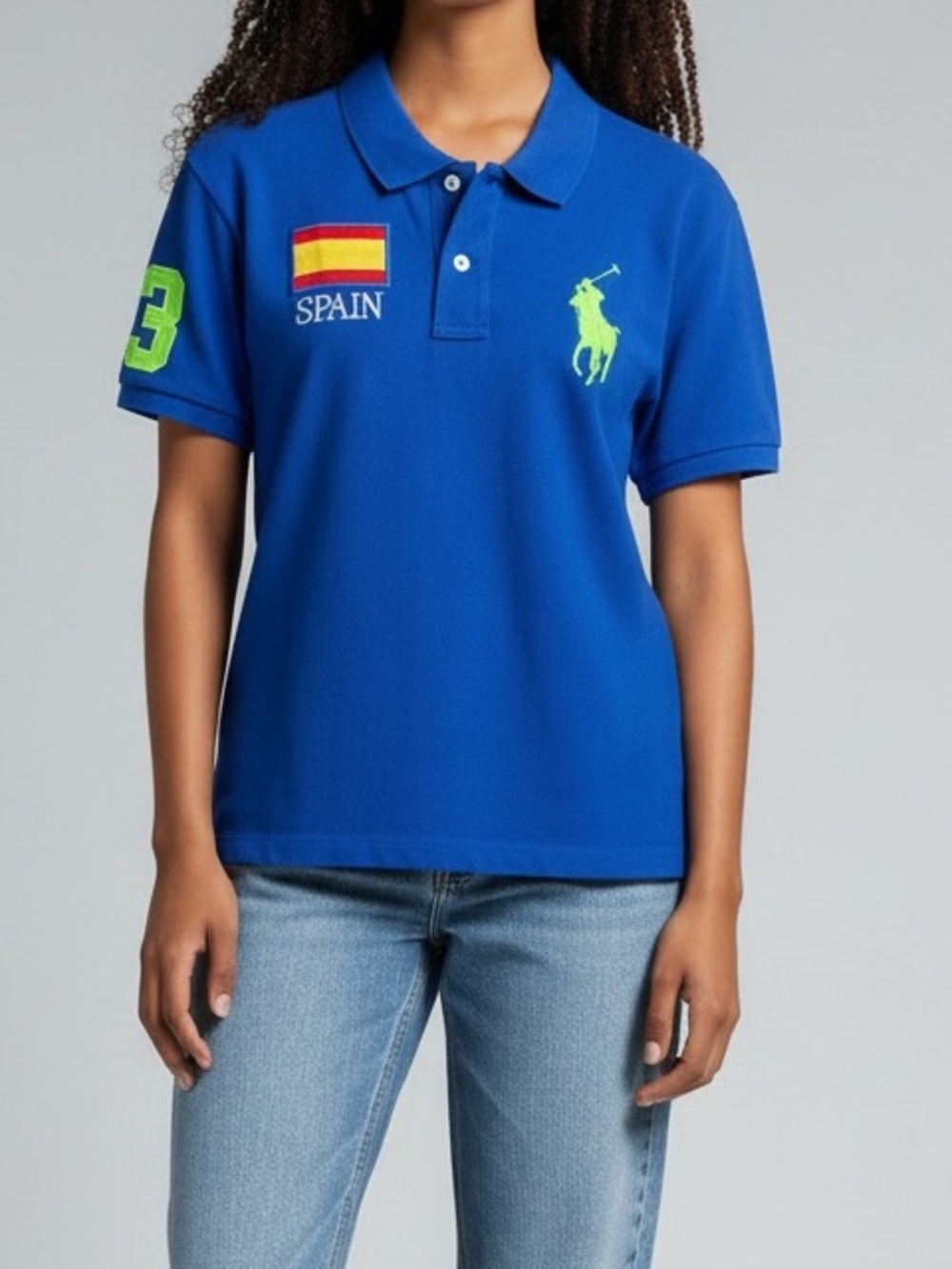 Vintage Ralph Lauren Royal Blue Skinny Polo with Neon Green Pony & Spain Patch
